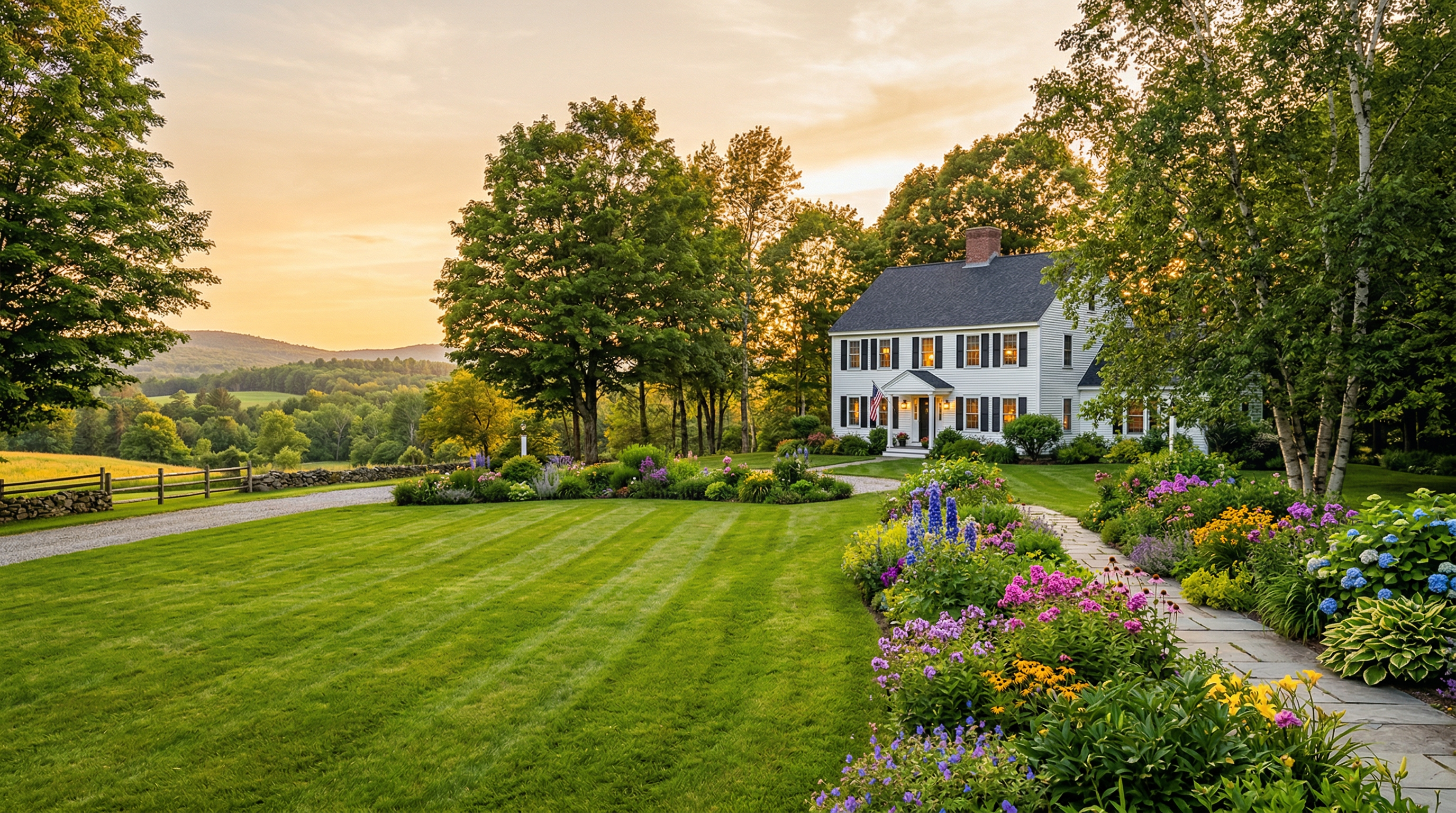 Beautifully maintained lawn and garden in New England at golden hour