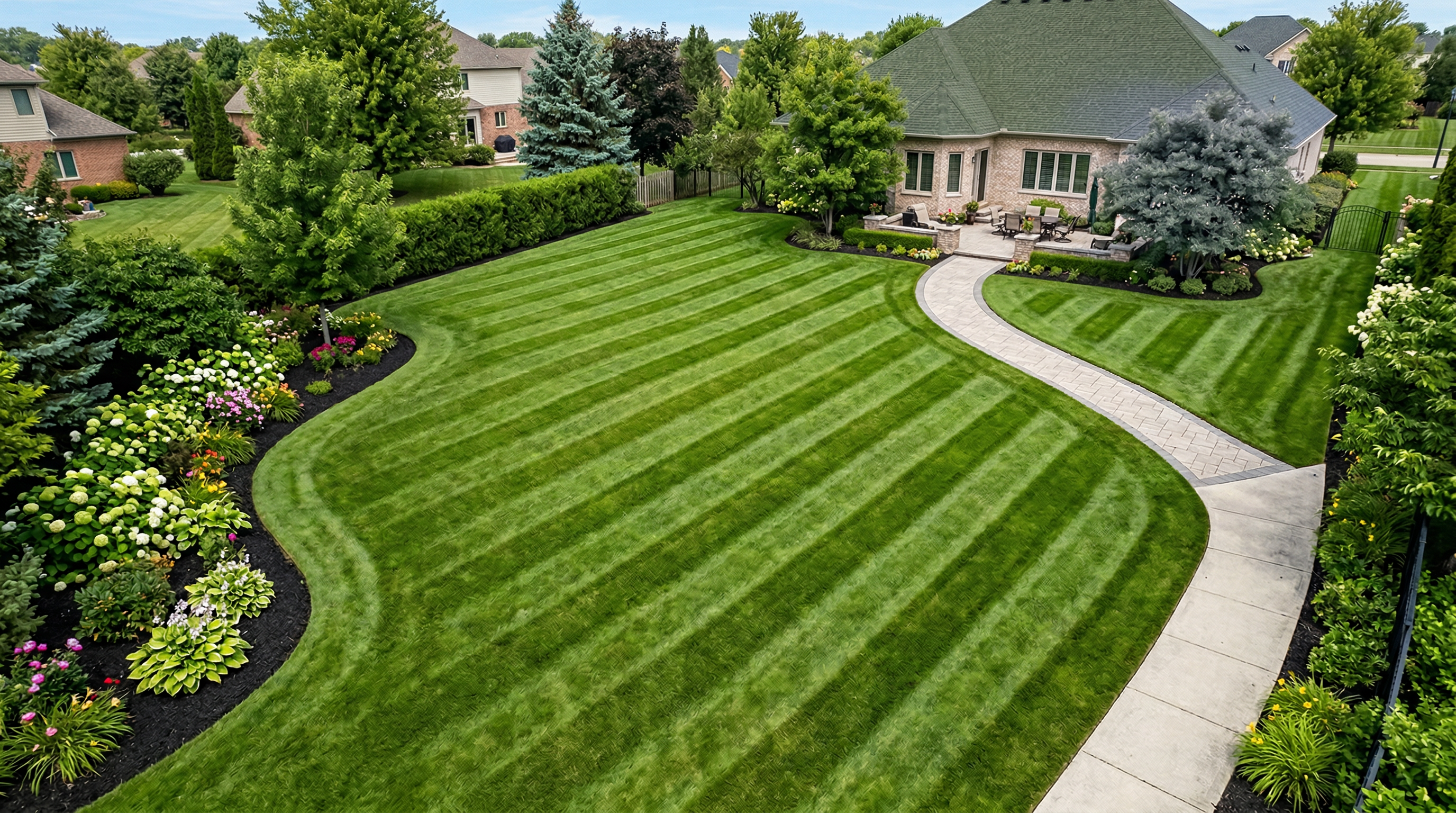 Aerial view of professionally maintained lawn with crisp mowing lines